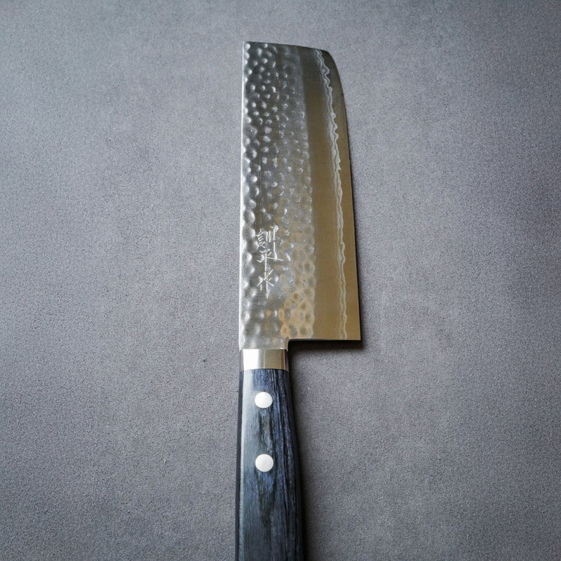 Masutani Hamono VG10 Kokuryu Damascus Tsuchime Nakiri Knife 165mm Blue Pakka Wood Handle